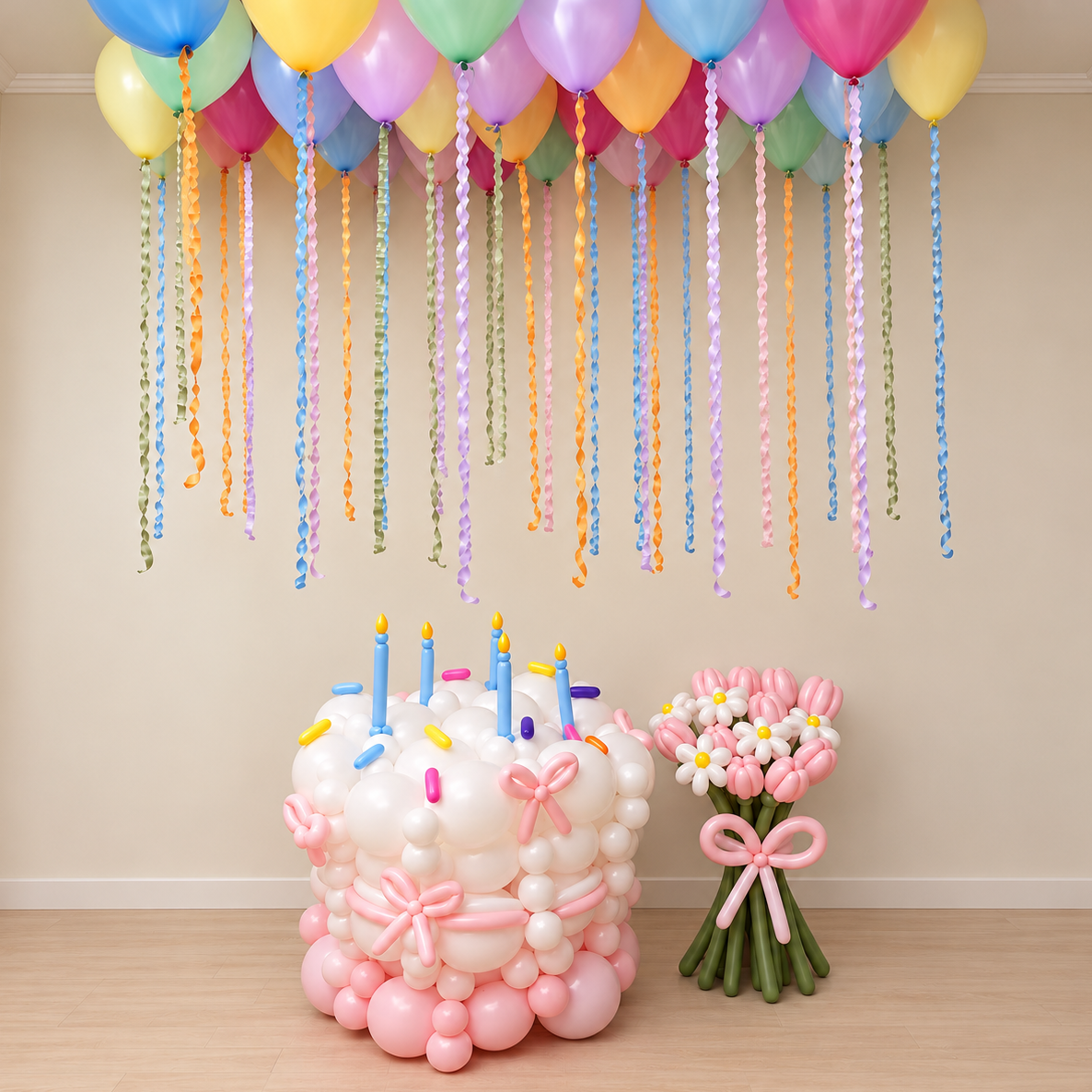 Whimsy Birthday Balloon Cake & Flowers Set with Ceiling Balloons