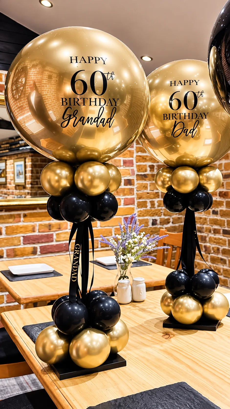 Black & gold centerpiece with custom print