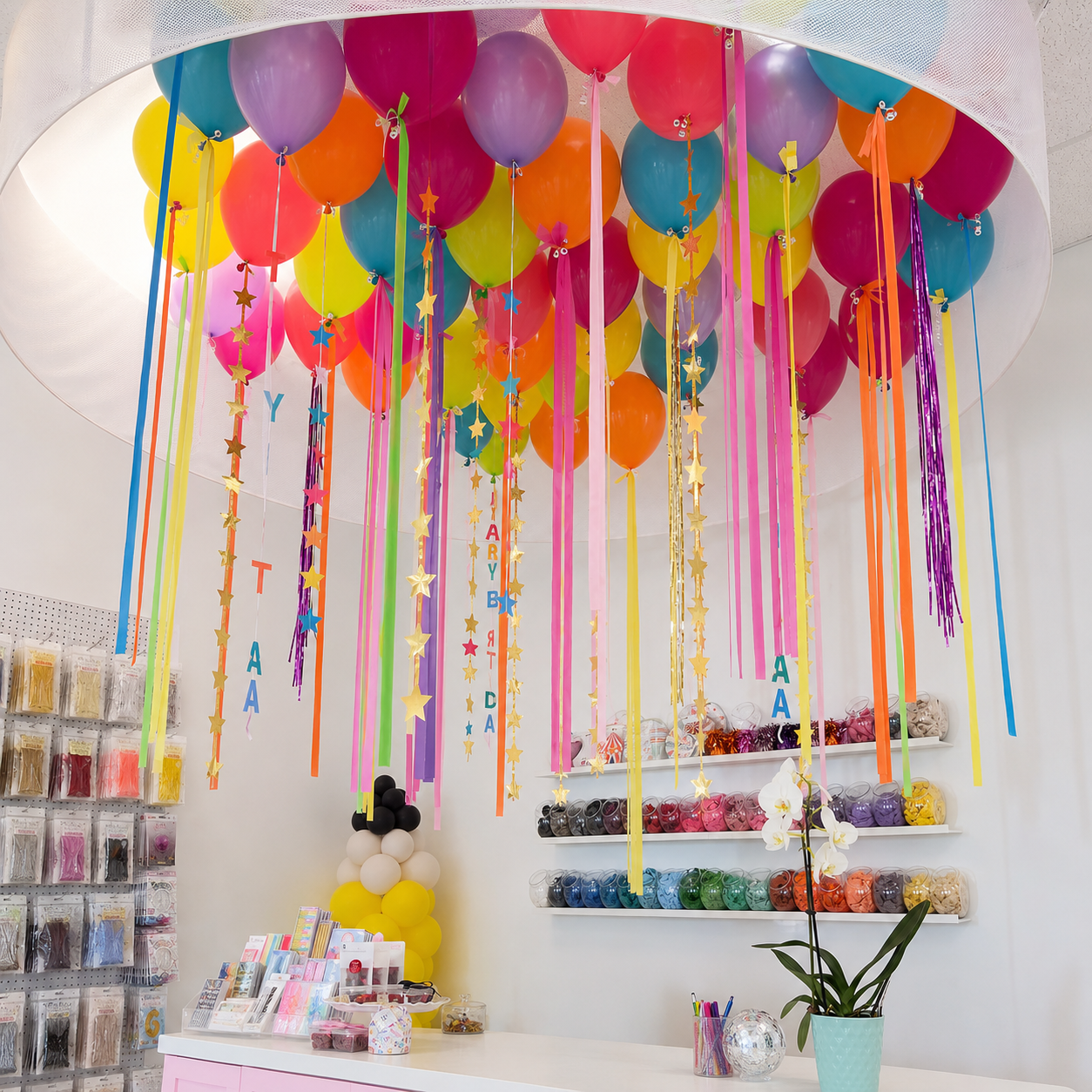 Mixed Neon Color Ceiling Balloons with Star Garlands