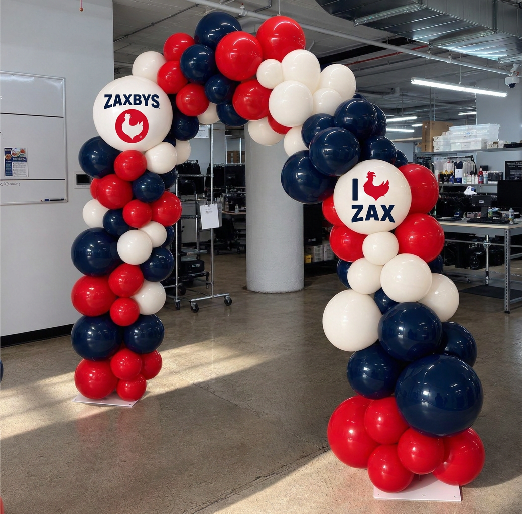 Custom Order - outdoor organic 8x8ft balloon arch (colors - navy blue, white, red: 2 logos)