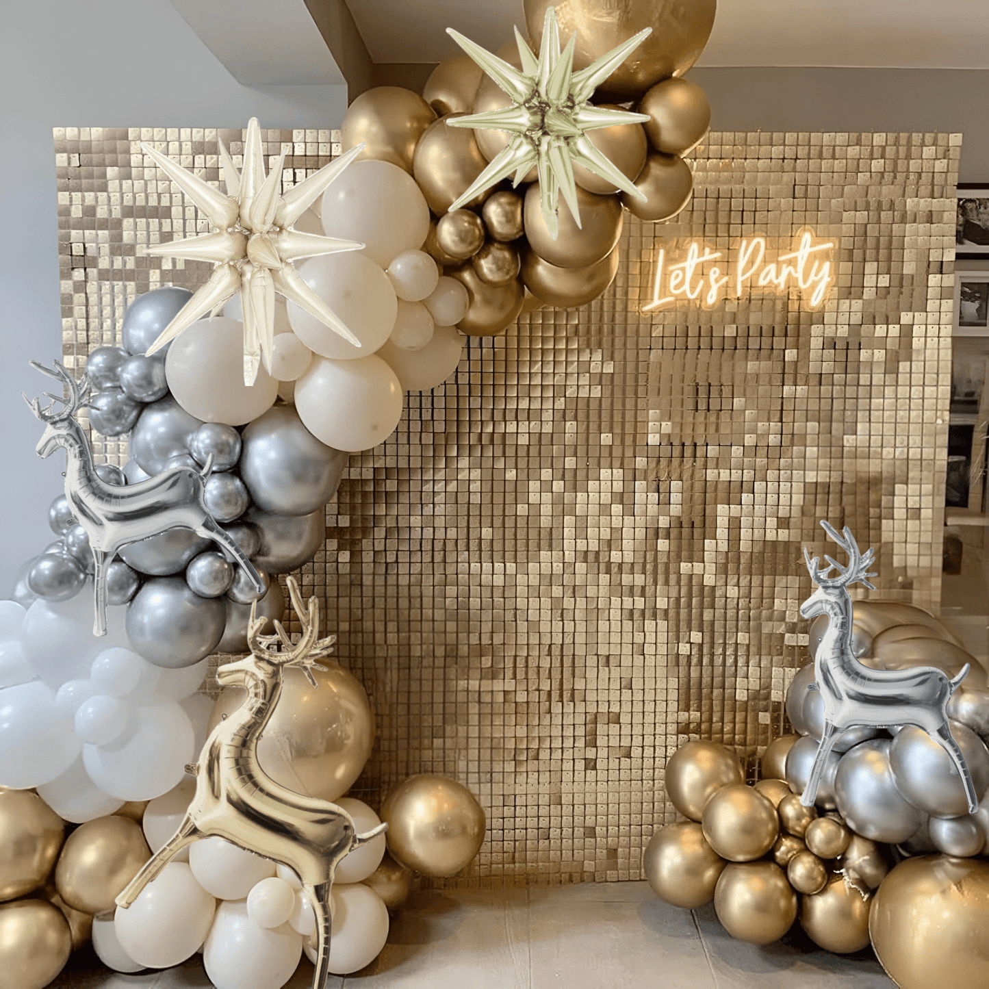 Holiday Reindeer Balloon Garland & Gold Shimmer Wall