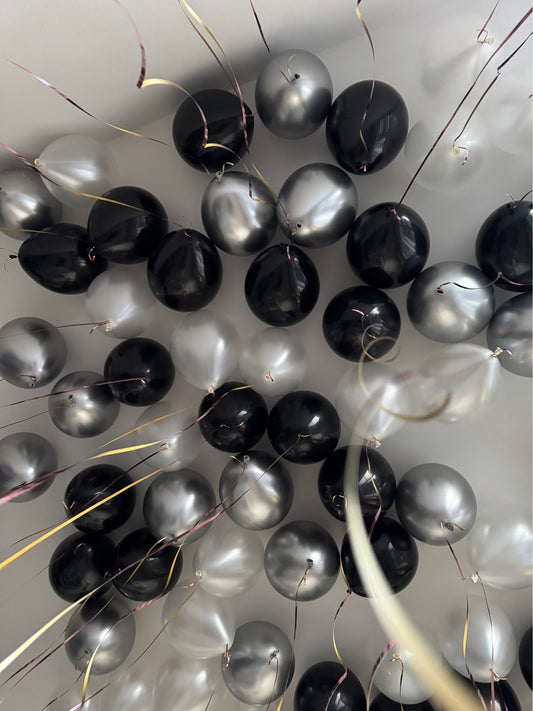 Custom Order - black “Happy Birthday” sign & 50 balloons (black, silver, pearl white); setup included