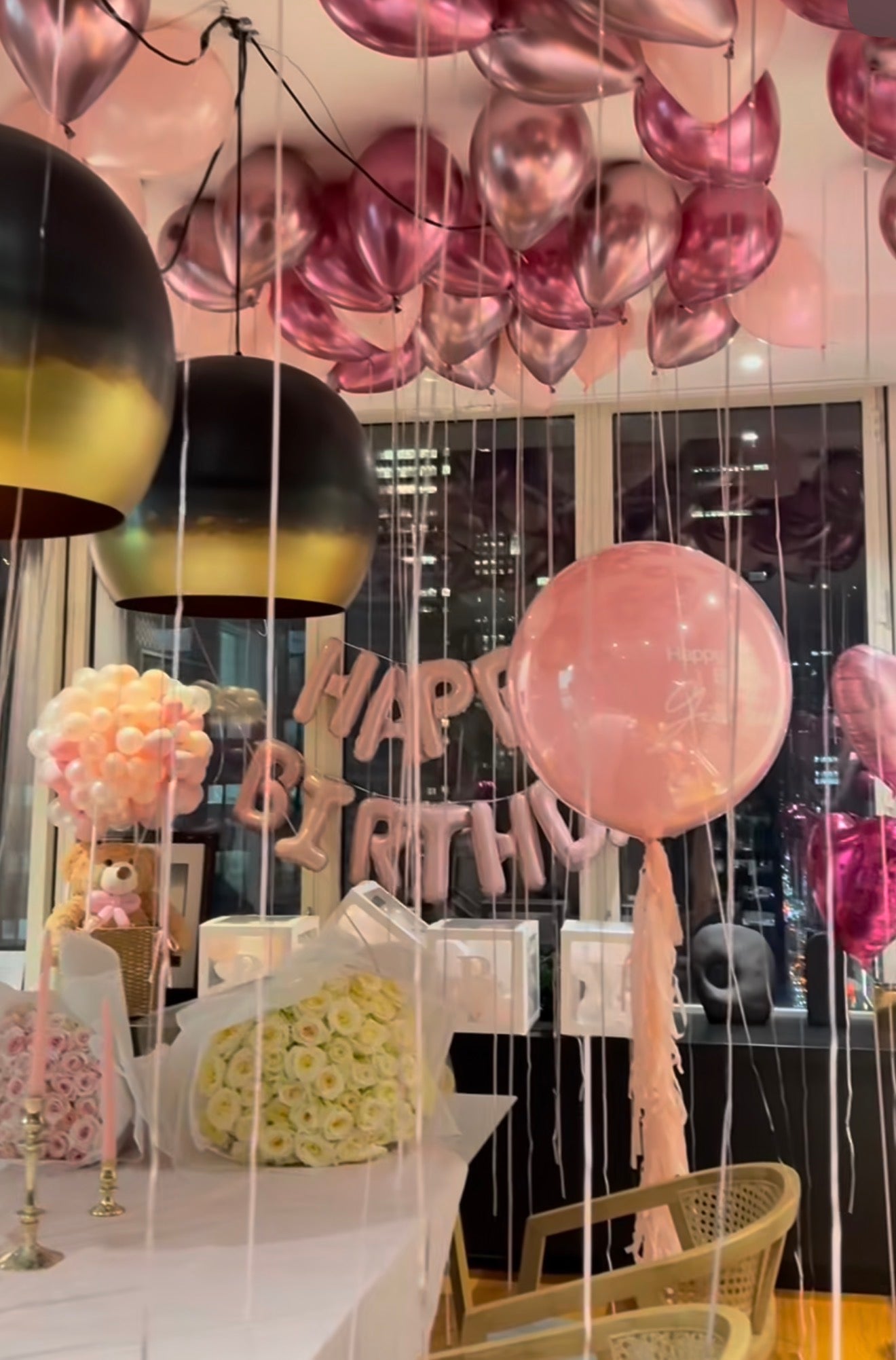 Pink custom balloon, 20 ceiling balloons (pink, reflex pink, reflex magenta), happy birthday pink sign, 4 weighted hearts pink & raspberry