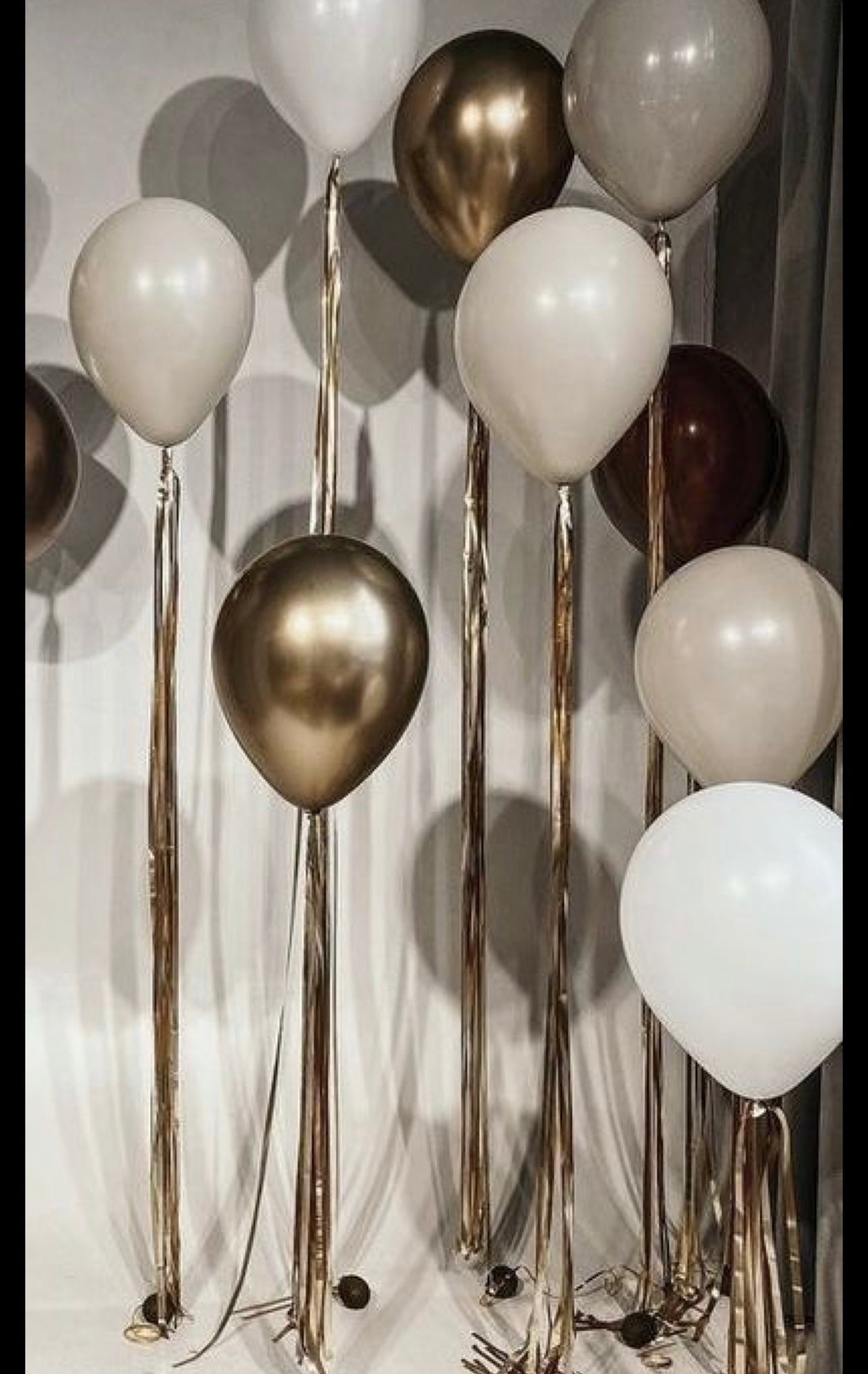 Custom order - 100 balloons (colors - rose gold, chocolate, cream) with thick foil white gold ribbon, individually weighted; Installation Included