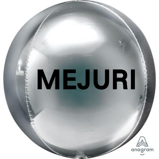 Custom order - 2 silver mylar spheres with black MEJURI logo