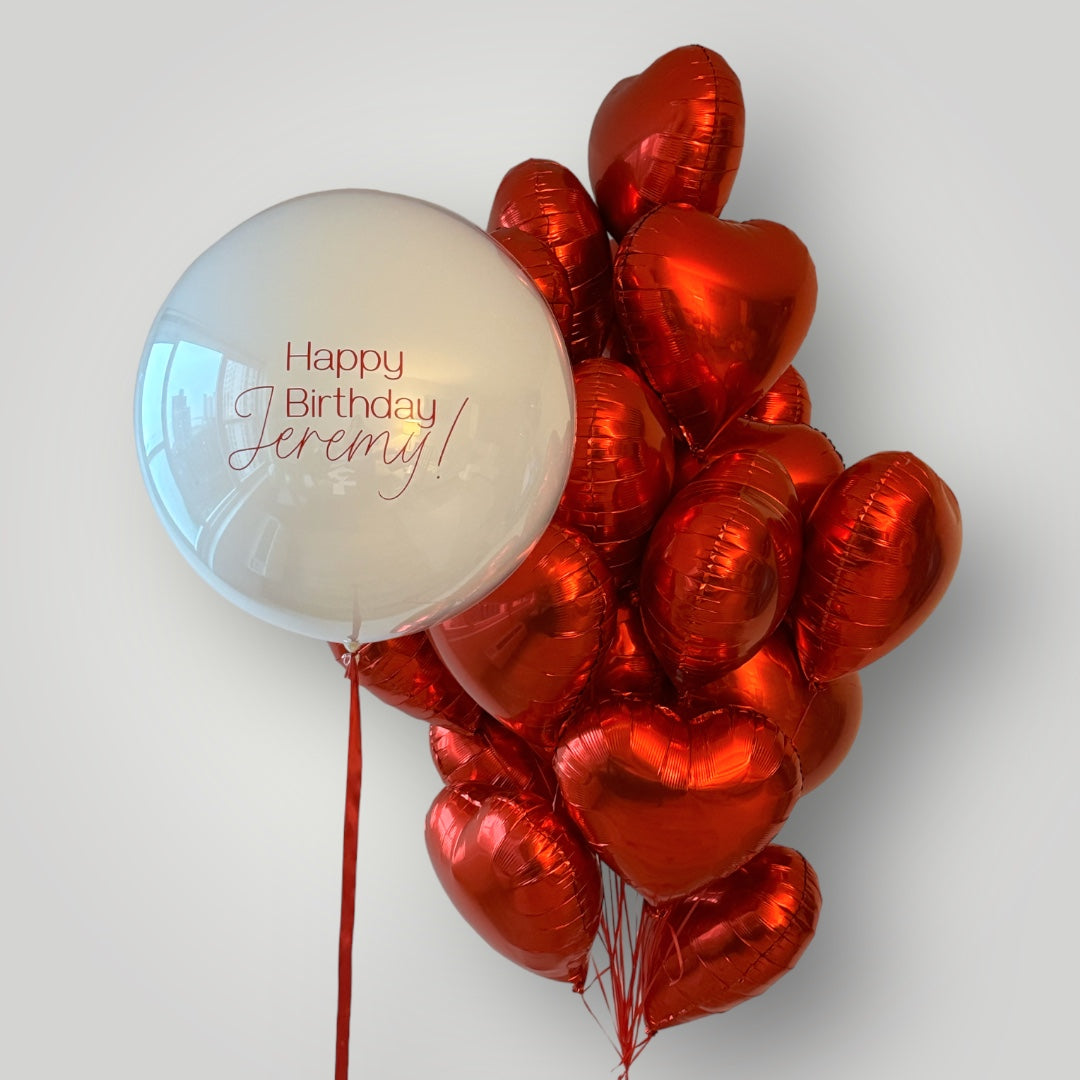 30 Red Hearts + Large Custom Balloon