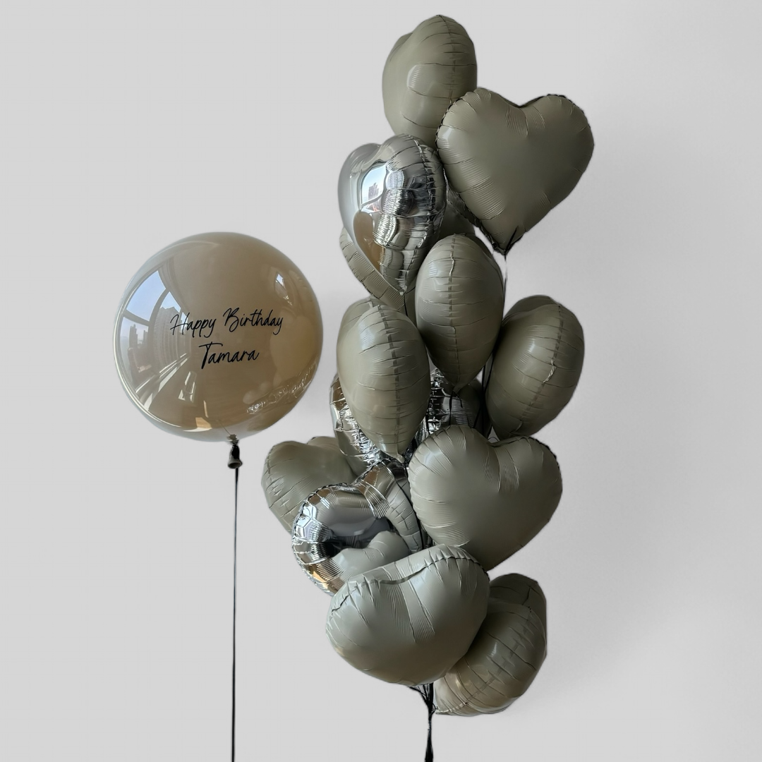 Beige & Silver Hearts + Large Custom Balloon