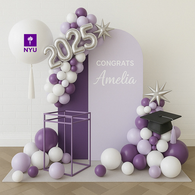 NYU Graduation Party Backdrop & Balloon Garland