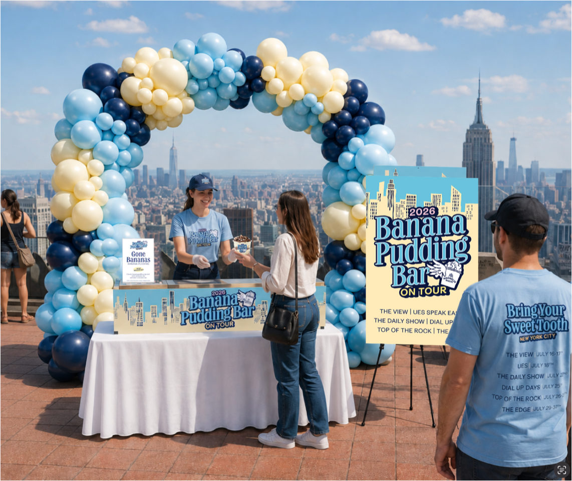 Custom Order (Banana Pudding Bar Tour) - 7 bundles (large custom balloon & bunch of 10 regular balloons) & 8x8ft Organic Balloon Arch; Colors - pastel yellow, baby blue, navy blue; Delivery to 6 locations