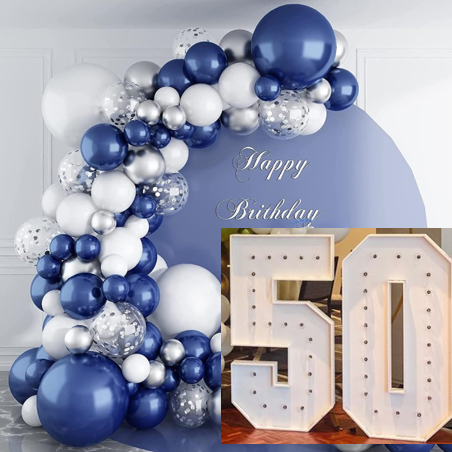 Circle Balloon Backdrop: Navy, metallic blue, clear w silver confetti + 60 numbers