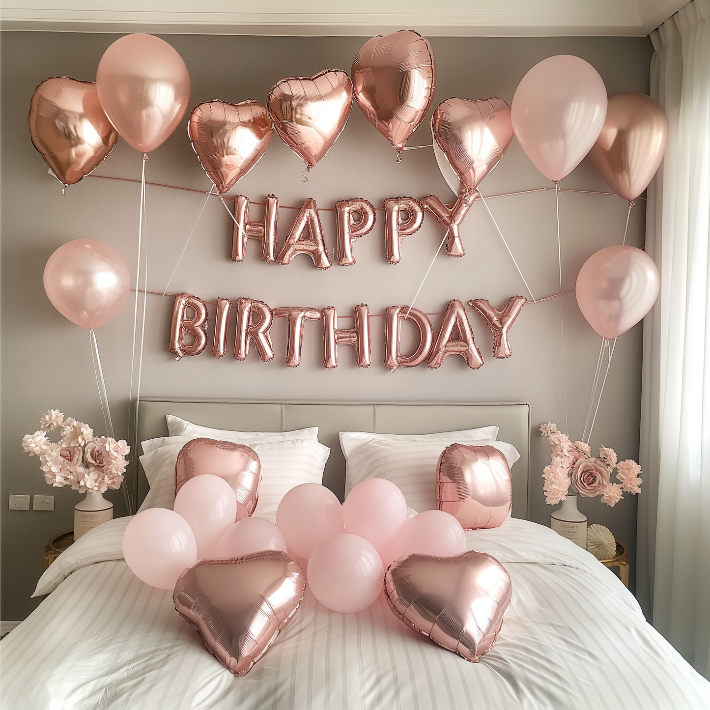 Rose Party Room Set + Custom Balloon with writing "Happy 22nd Birthday Peyton" + Installation